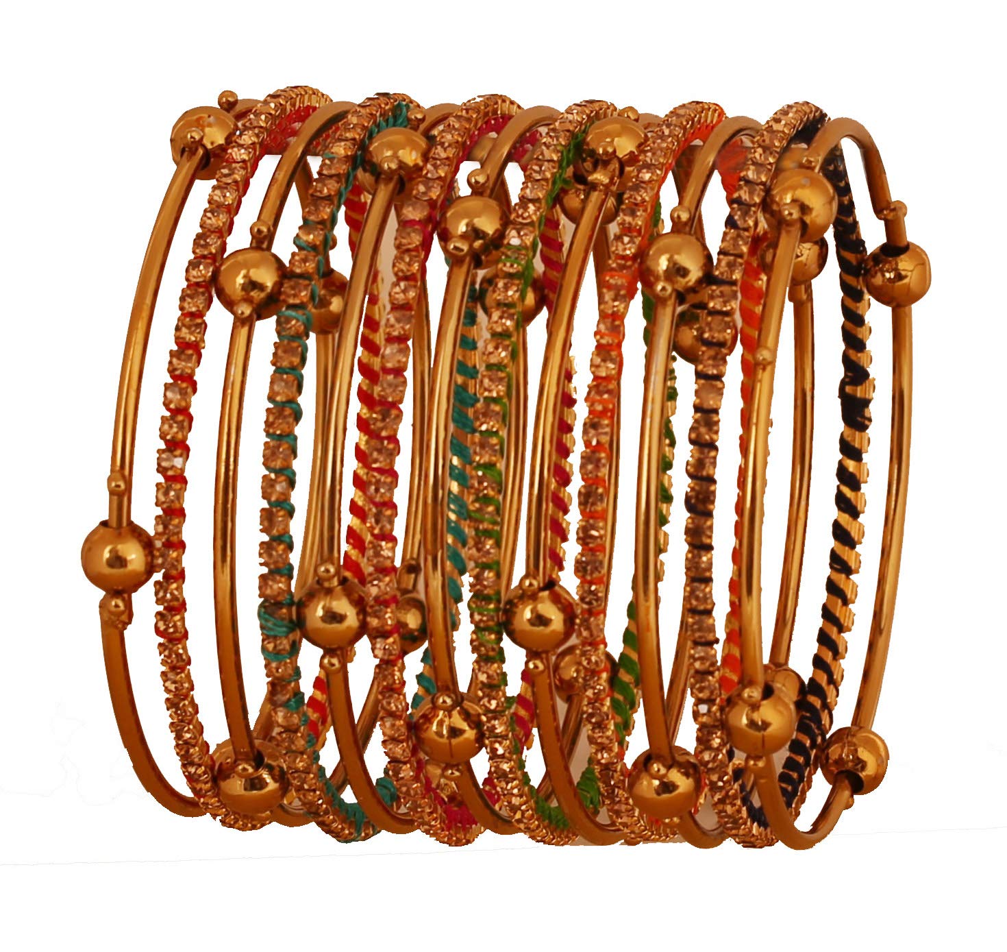 TouchstoneNew Colorful Bangles Collection Indian Bollywood Enchanting Multicolor Faux Silk Thread Yellow Rhinestone Designer Jewelry Bangle Bracelets. Set of 13. in Antique Gold Tone for Women.