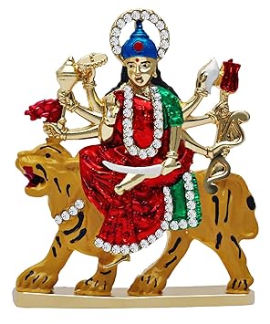 GCT Metal Hindu Religious Goddess Durga Sherawali Mata Idol Metal Stone Studded Murti -(Standard,Multi)