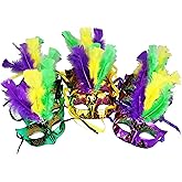 JOYIN 12 Pcs Mardi Gras Feather Masks, Carnival Masquerade Masks Bulk, Mardi Gras Costume Dress Up Accessories for Women, Men Outfit