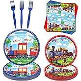 Train Party Supplies, Including Dinner Plates, Dessert Plates, Napkins, Forks, for Train Theme Party Birthday Vehicle Party Decorations Serves 20