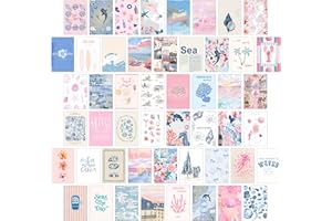 WALL67 Coastal Granddaughter Room Decor, Pink and Blue Wall Collage Kits, 50 Pcs 4x6 Inch Beachy Aesthetic Wall Art Prints Posters, Coastal Cowgirl Room Dorm Wall Decor for Teen Girls