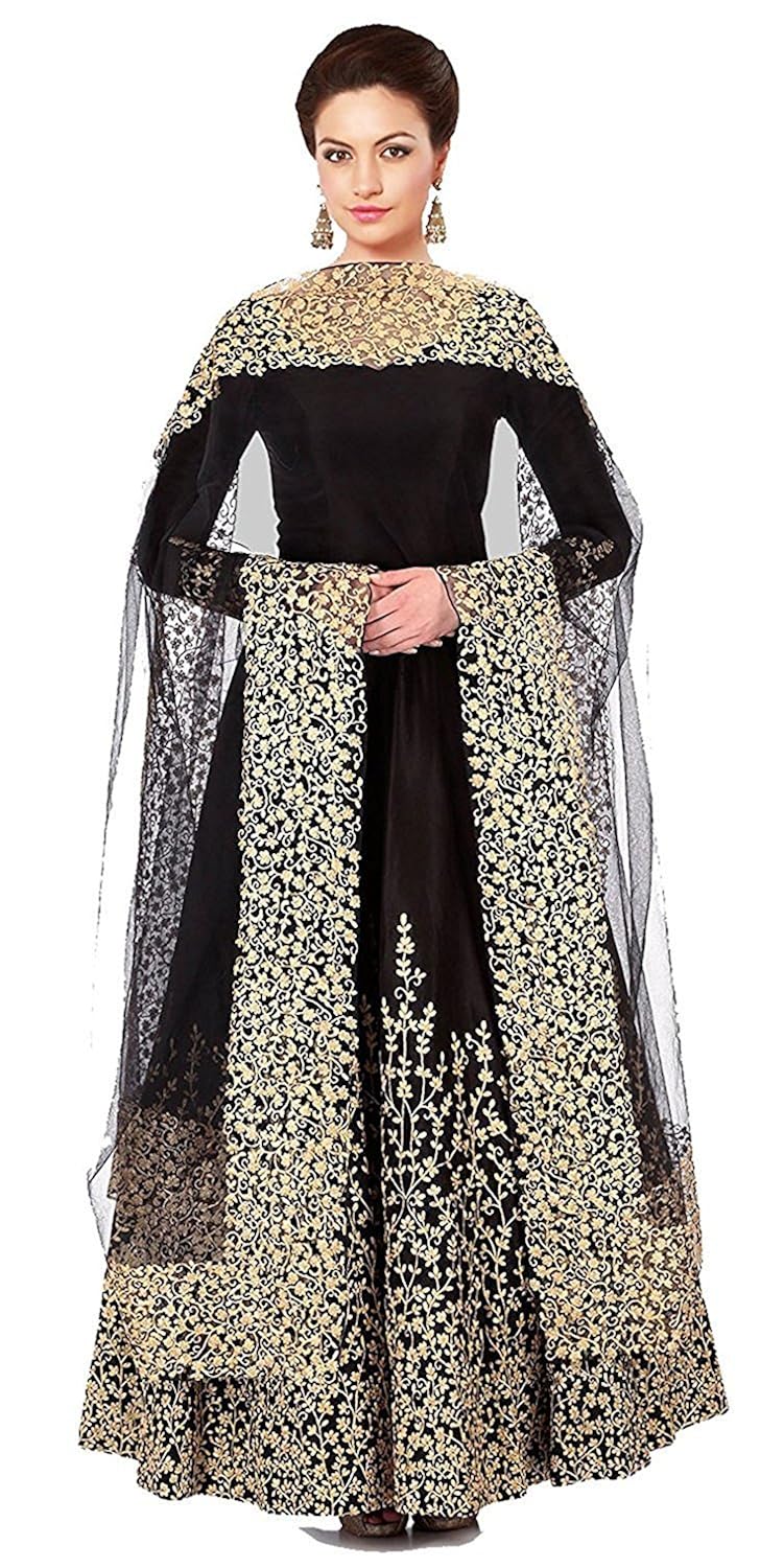 shree kuldevi creation women's cotton silk semi-stitched gown (free size) black3030