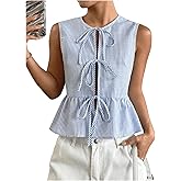 OYOANGLE Women's Striped Print Tie Front Bow Knot Crew Neck Sleeveless Tank Blouses Ruffle Peplum Tops