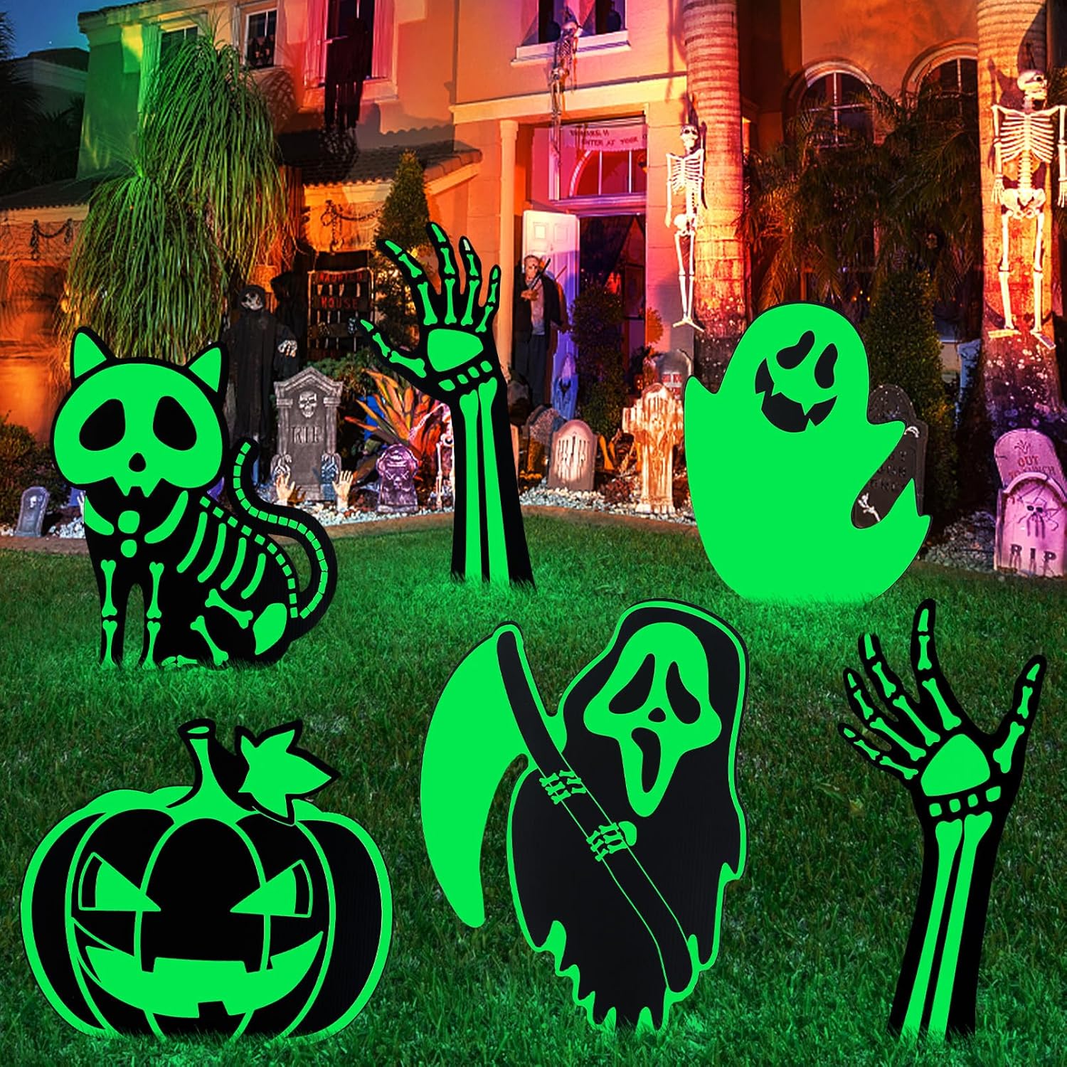 Yard Signs - 6 Pack Halloween Outdoor Decorations Glow in the Dark Halloween Yard Stakes Scary Halloween Yard Signs Silhouette Front Signs for Family Home Lawn Garden Black Cat Bones Ghost Halloween Party Decor