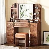 Arulvmrn 43" Makeup Vanity Desk with Mirror and Lights, & Power Outl, Glass Top Big Vanity Table with 9 Drawers& 8 Storage Sh