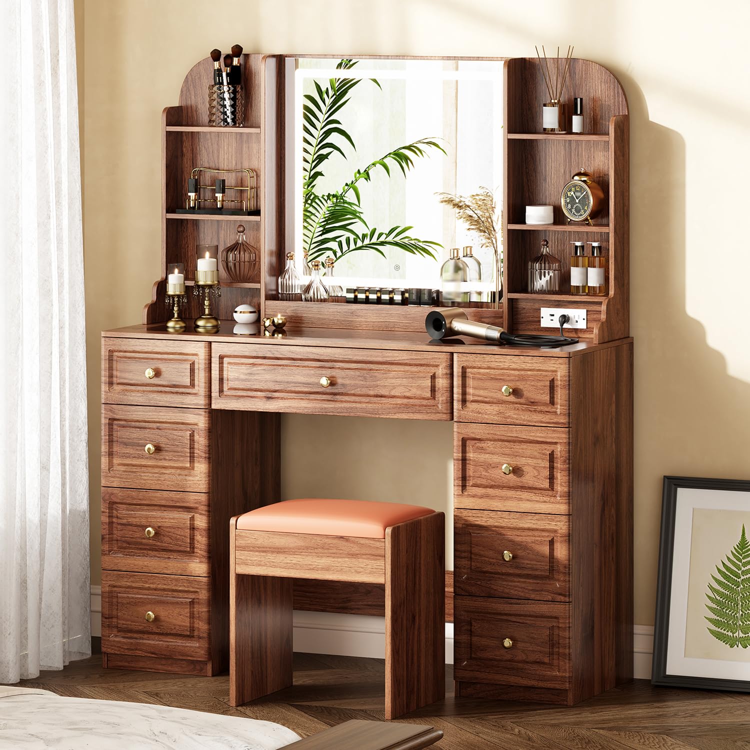 Photo 1 of **DAMAGE TO CORNERS**Arulvmrn 43" Makeup Vanity Desk with Mirror and Lights, & Power Outl, Glass Top Big Vanity Table with 9 Drawers& 8 Storage Shelves, Dressing Table Set with Chair for Bedroom, Brown