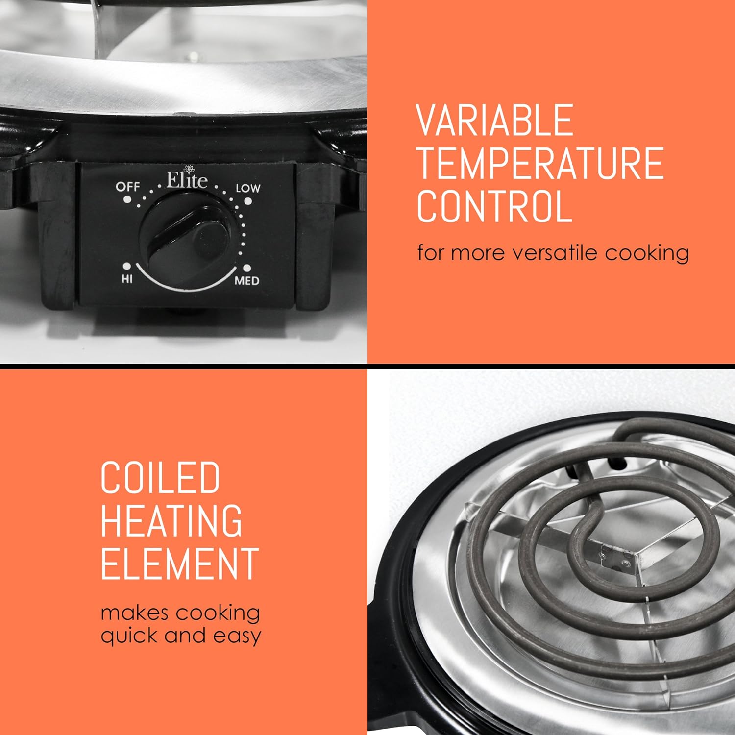Elite Gourmet Elite Cuisine ESB-300X Single Countertop Portable Small Buffet Burner Electric Hot, Coiled Heating Plate, Temperature Control, Dorms, RV, Camping, 750 Watts, Black: Electric Countertop Burners: Kitchen & Dining