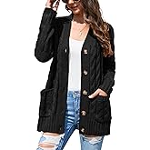 MISSKY Women's Open Front Cardigan Sweater with Pockets Long Sleeve Cable Knit Button Loose Cardigan Sweater Outwear