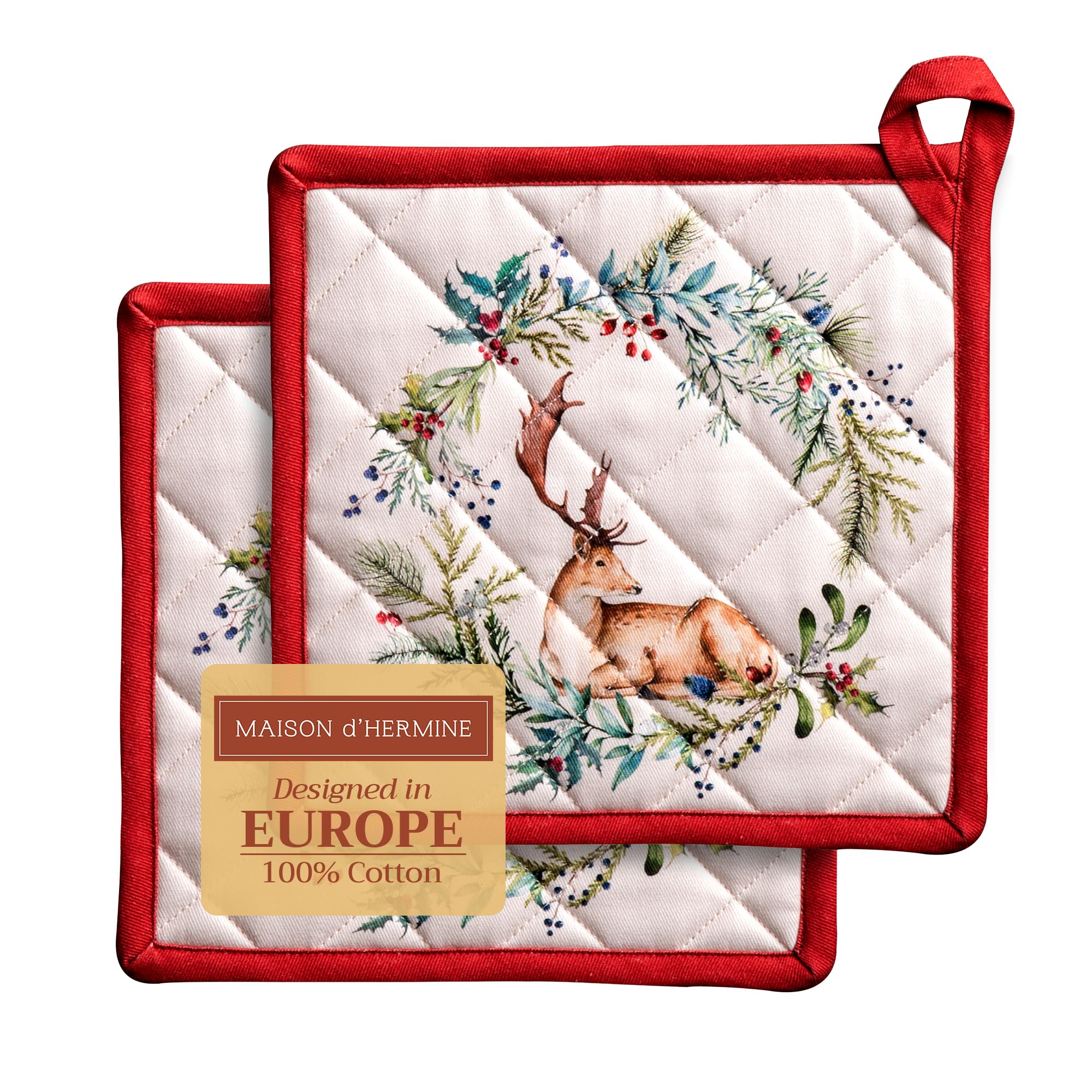 Maison d' Hermine Pot Holders Set 100% Cotton Heat Resistant Potholders 20 cm x 20 cm Hot Pads with Loop for Christmas Decorations BBQ Cooking Baking Handling Hot Pans (Pack of 2, Holly Time)