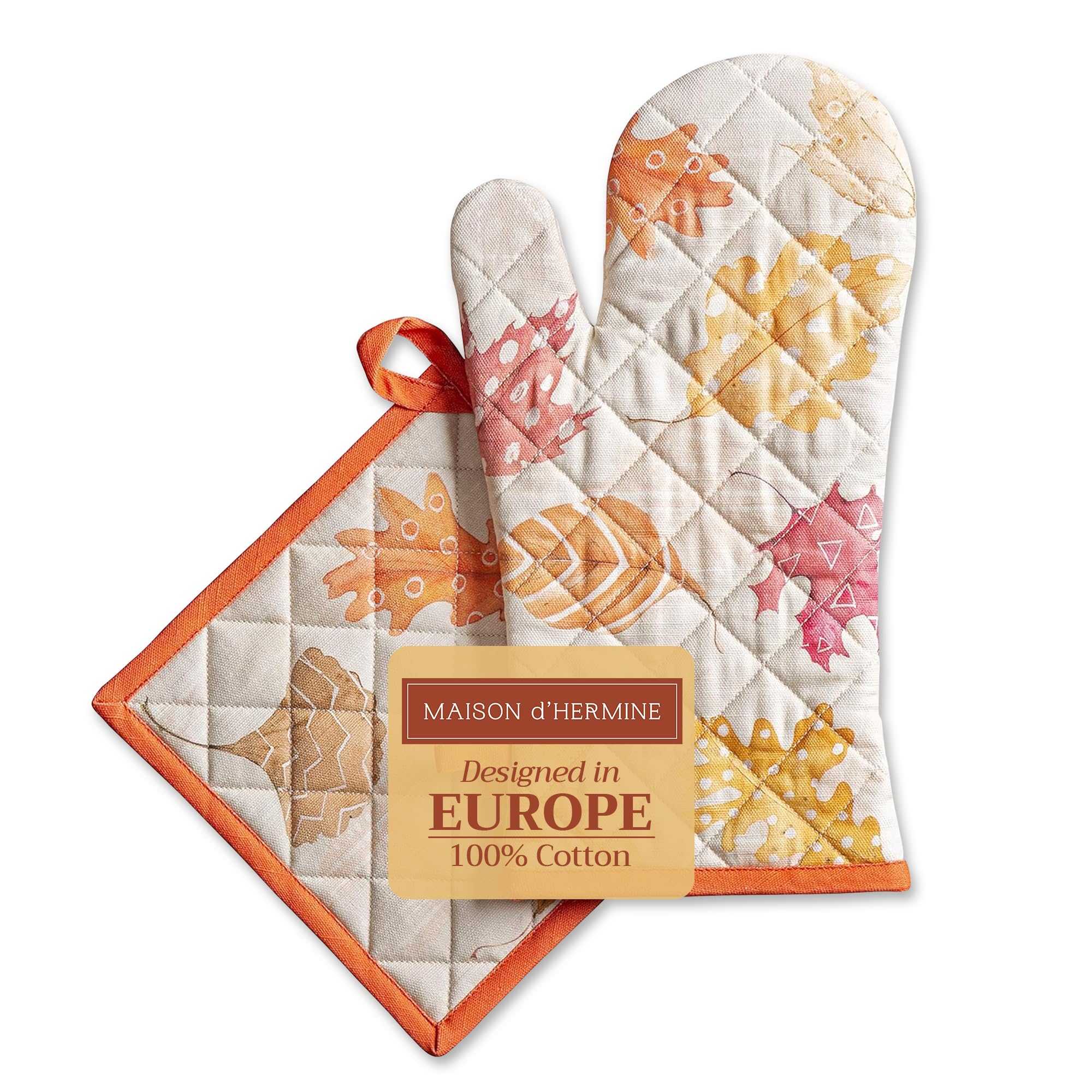 Maison d' Hermine 100% Cotton Oven Mitt & Pot Holder Set (19 x 33 cm & 20 x 20 cm) Heat Resistant BBQ Cooking Gloves with Loop for Christmas Decorations Baking Handling Hot Pans (Colours Of Autumn)