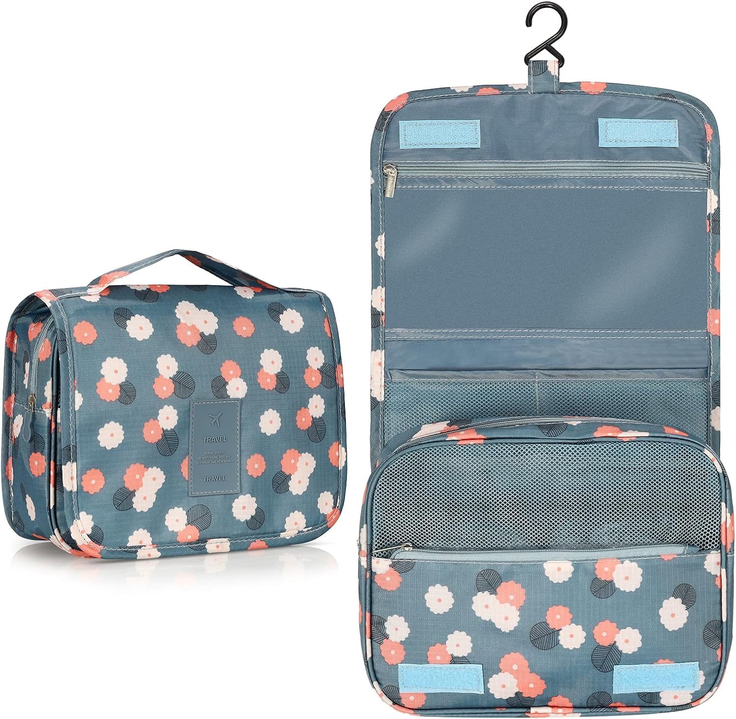 Hanging Wash Bag Toiletry Bag, Foldable Washbag Cosmetics Toiletries Organizer, Makeup Cosmetic Waterproof Wash Bag for Female Girls and Kids Travel (Blue Flower)