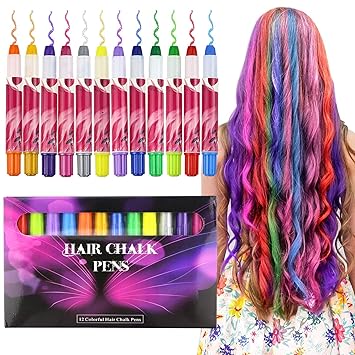 Buluri Haarkreide Non-Toxic 12 Farbe Natürliche Haare Kreide Stifte Temporäre Haarfarbe für Mädchen, Perfektes Geschenk für W