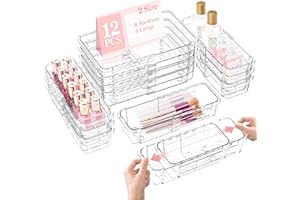 12 Pcs Clear Extendable Drawer Organizer, DILIBRA Adjustable Drawer Storage 2-Size Desk Drawer Organizer, Plastic Non-Slip St