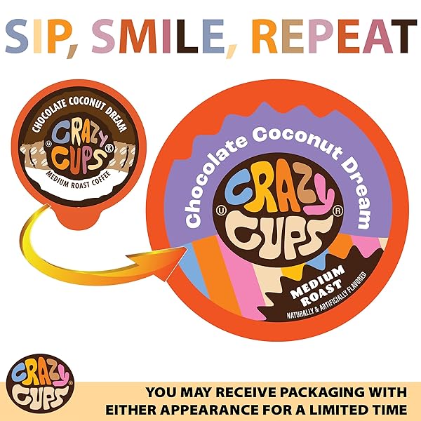 CRAZY CUPS FLAVORED COFFEE FOR KEURIG K-CUP MACHINES, CHOCOLATE COCONUT DREAM, HOT OR ICED DRINKS, 22 SINGLE SERVE, RECYCLABLE PODS