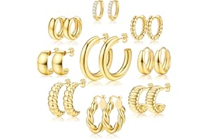 KRFY Gold Hoop Earrings Set - 14K Gold Hoop Earrings for Women Hypoallergenic, Thick Hoops Earring set, Twist Huggie Hoop Earring