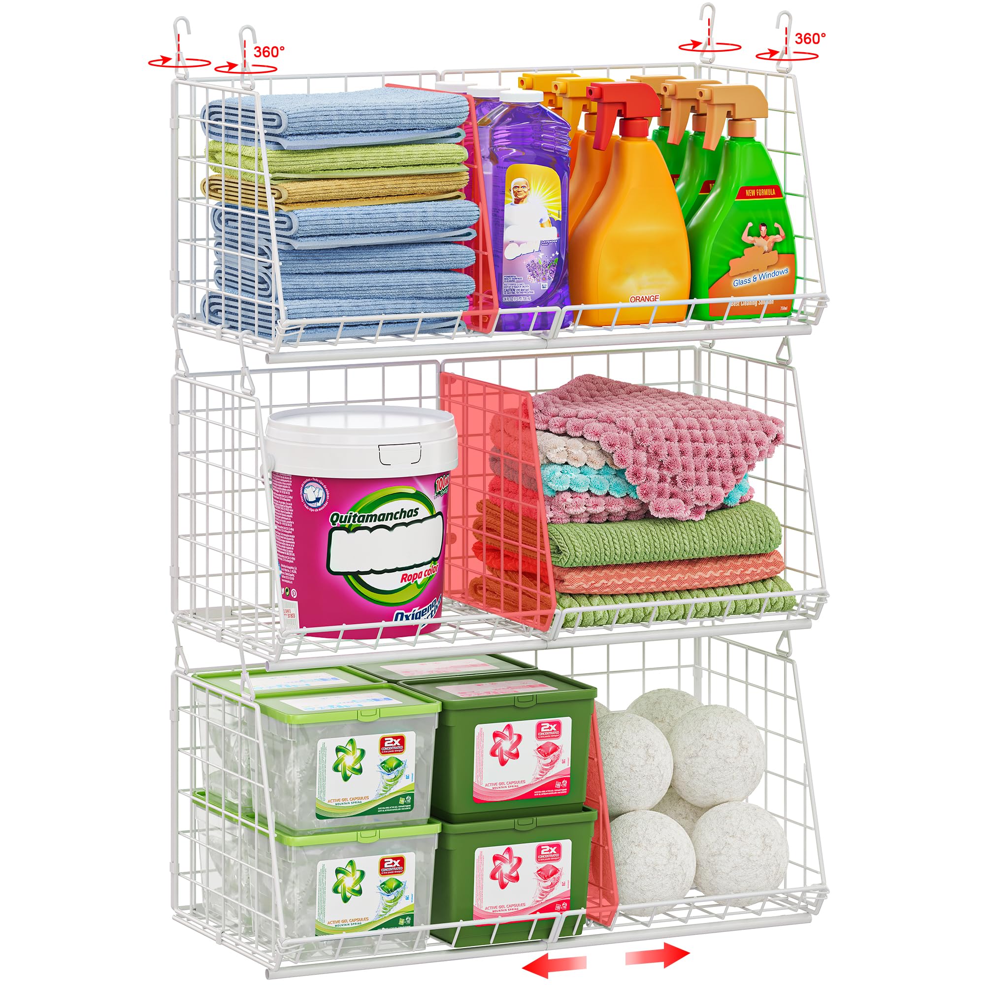 23.62” Extra-Long Under-Shelf Hanging Laundry Basket Organizer, 3-Pack Space-Saving Laundry Organizer, Fits Wire Shelving (Rod Diameter < 0.38”), Modular with Dividers for Custom Laundry Organization