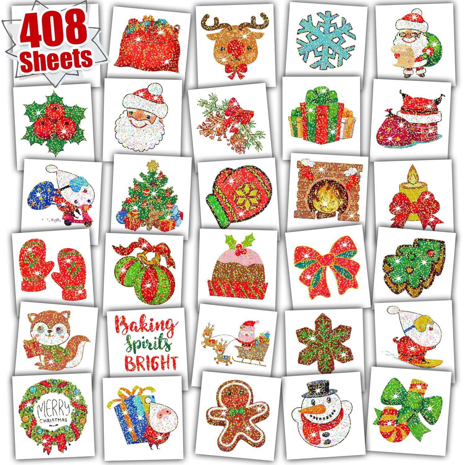 Leesgel Christmas Glitter Tattoos for Kids, 408 Individual Sheets Temporary Tattoo for Christmas Decorations, Christmas Stickers, Christmas Stocking Fillers, Eve Box Party Bag Fillers