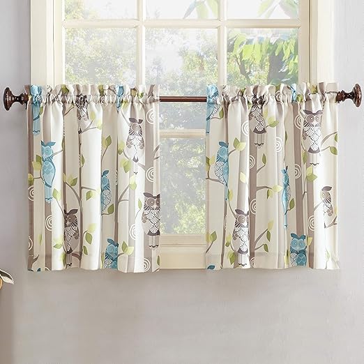 Amazon Com No 918 Hoot Owl Print Kitchen Curtain Tier Pair 56