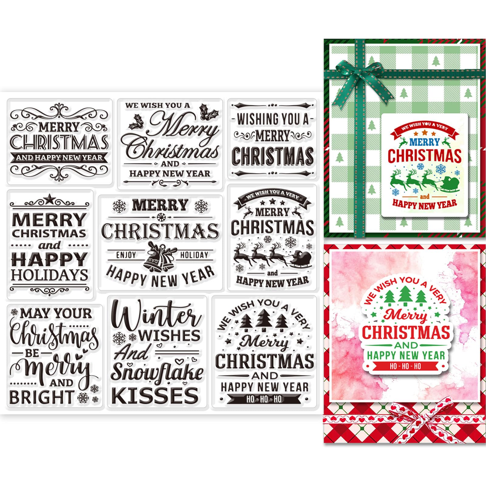 GLOBLELAND Christmas Greeting Words Clear Stamps for Card Making Snowflakes Poinsettia Christmas Tree Transparent Silicone Stamps for Christmas Embossing Paper Card Craft Album Decor