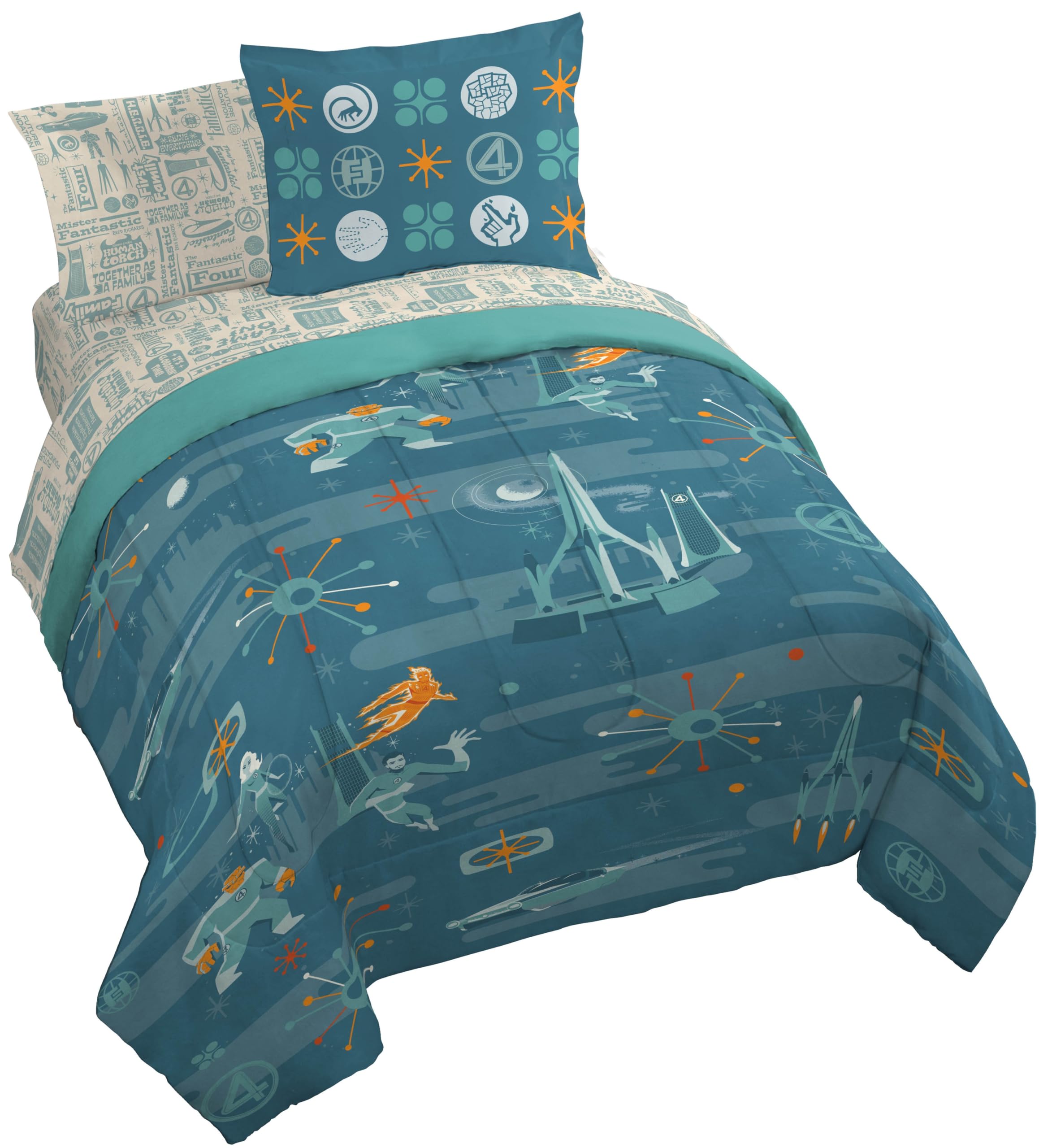 Jay Franco Comforter Set Includes Sheets and Pillow Covers - Soft and Cozy Bed Set for Stylish Room Decor, Blue - The Fantastic Four, 7 Piece Queen Size Bedding Image