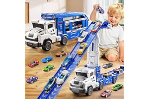 XINNOVEL Toddler Car Truck Toys for 3 4 5 6 7 8 Years Old Boys, Transporter Truck Toy Track Set with 12 Die-Cast Car Toys, Toy Gifts for 3 4 5 6 Year Old Boys Kids