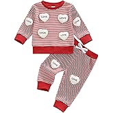 Madjtlqy Toddler Baby Boy Valentines Day Clothes Letter Heart Embroidery Long Sleeve Crew Neck Tops Elastic Waist Pants Set