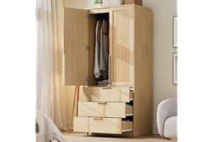 GarveeHome Armoire Wardrobe Closet, 69.5 in Wooden Wardrobe Cabinet with 3 Drawers, Hanging Rod, 2 Doors Clothing Storage Cabinet for Bedroom, Large Capacity Storage, Rattan Door, Natural