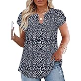 VISLILY Plus-Size-Summer-Tops for Women Dressy V Neck T Shirts Trendy Petal Short Sleeve Tunics Casual Pleated Blouses 1X-5X