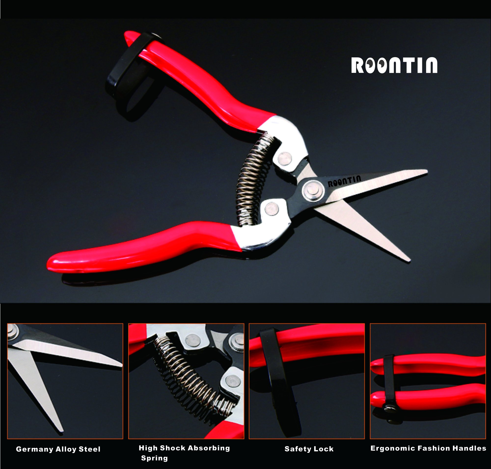 Roontin Pruning Shears, SK-5 Steel Blades Bypass Pruner with Non-Slip Ergonomics Handles and Safety Lock for Tree Trimmers Secateurs, Hand Pruners,Gardening Scissors and More (Pruning Scissors)