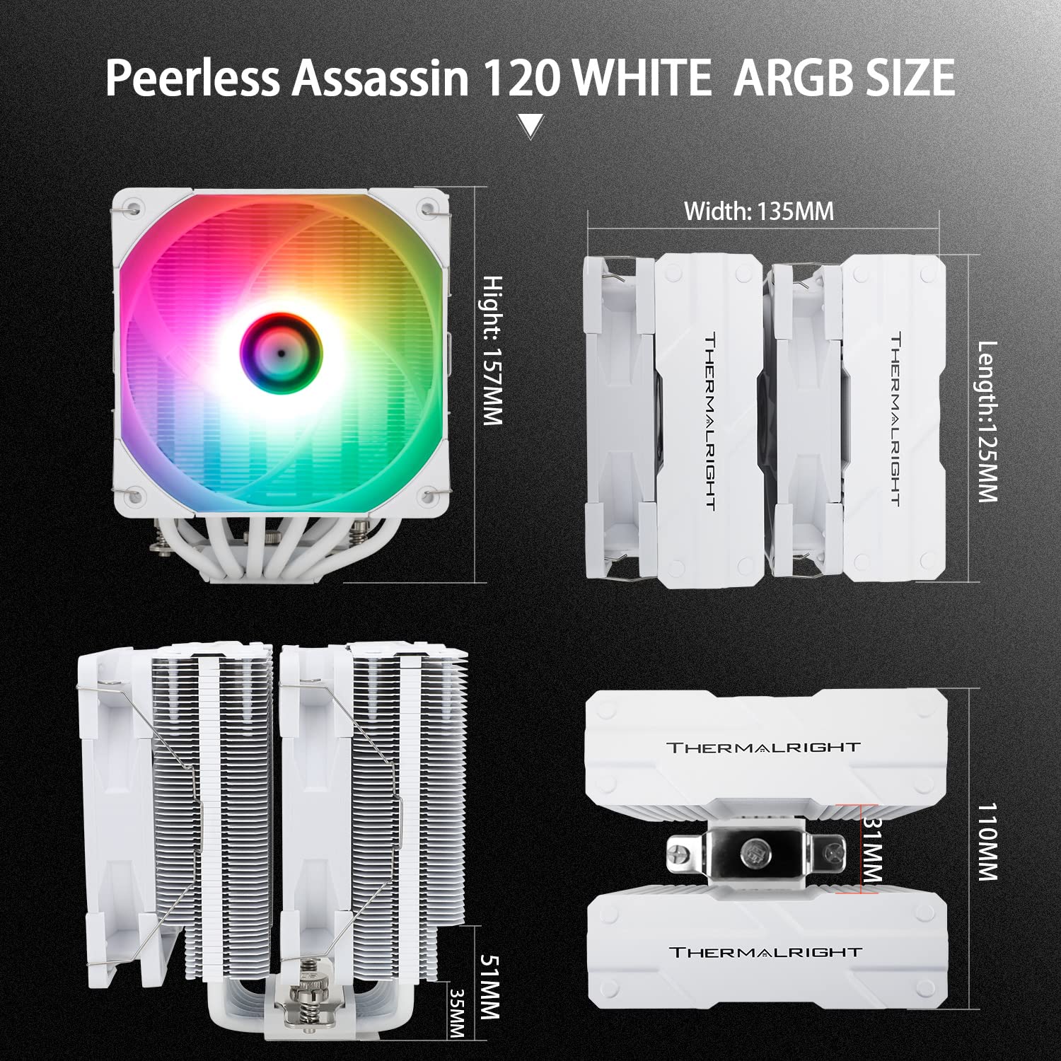 Thermalright Peerless Assassin 120 CPU Air Cooler, 6 Heat Pipes, Dual 120mm TL-C12W-S PWM Fan,Aluminium Heatsink Cover, AGHP Technology, for AMD AM4/Intel LGA 1150/1151/1200/2011 (PA120 White ARGB)