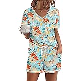 Ekouaer Women's Pajamas Sets Short Sleeve Lounge Sets Sleepwear Casual Two Piece Pjs With Pockets