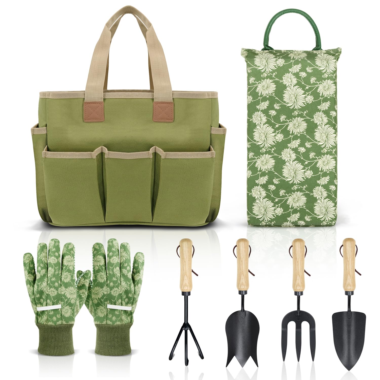 Colwelt Garden Tools Set, 8-Piece Heavy Duty Gardening Tools with Ergonomic Wooden Handle, Elegant Garden Tools Set with Thick Kneeling Pad, Ideal Gardening Gifts for Women