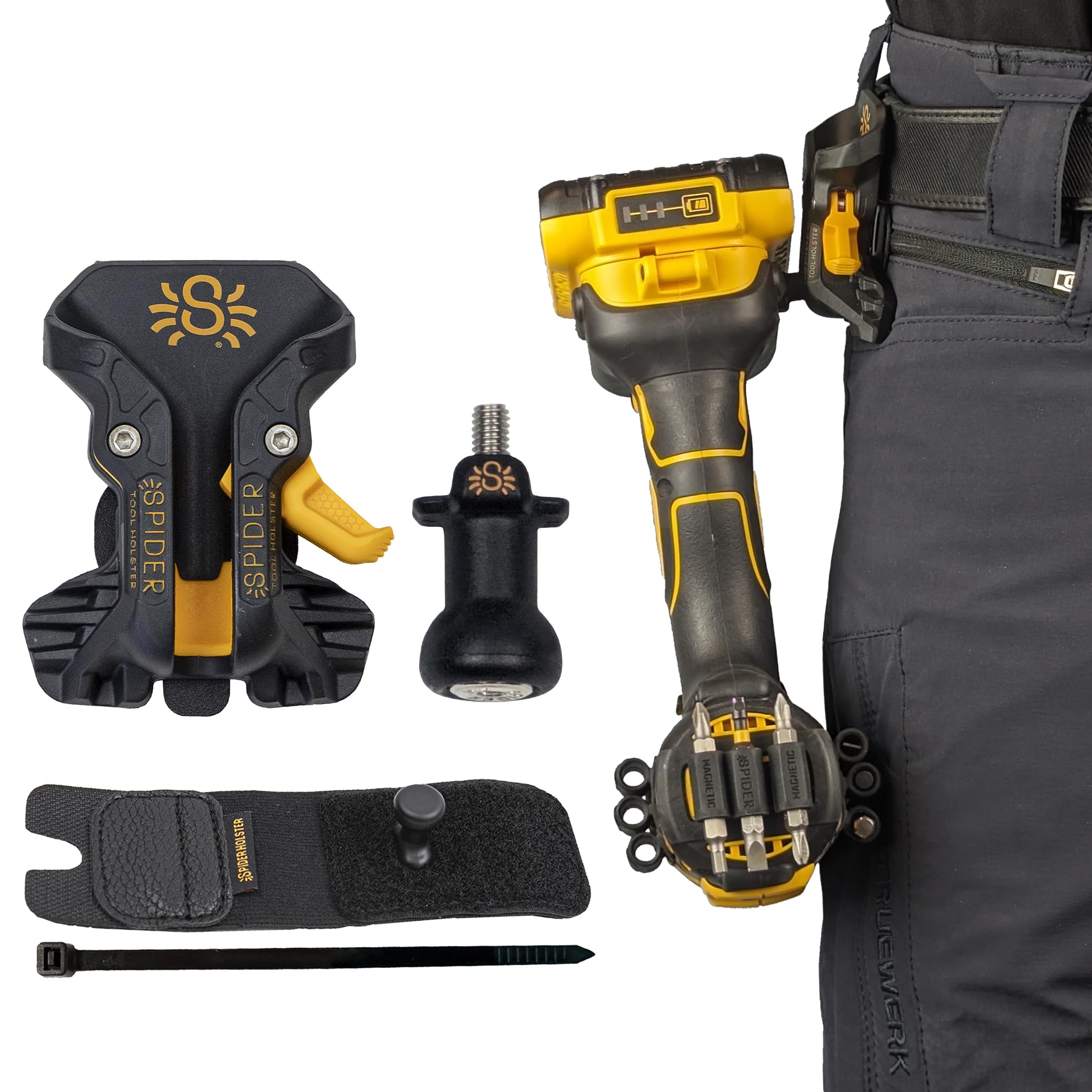Spider Tool Holster - Pro Tool Holster + One Tool Grip + One Driver Pin - Upgraded, Self Locking Multi Tool Holder with Ambidextrous Thumb Lock