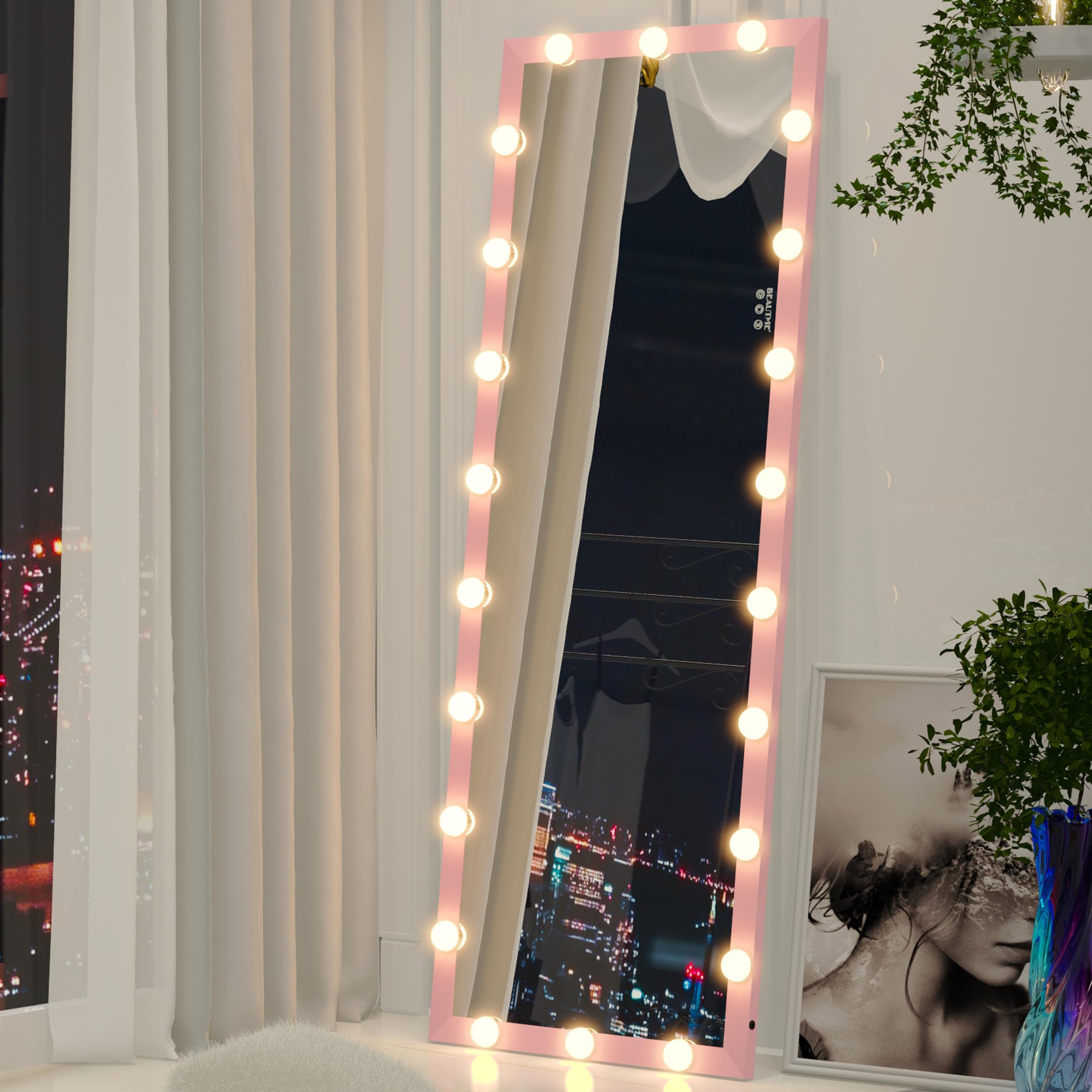 Photo 1 of ANYHI Pink Mirror Full Length with Lights, 62.6 x 23.3 Inch LED Lighted Full Body Mirror with 22 Dimmable Lights, Smart Touch, 3 Color Modes, Wall Mount/Lean Against Wall
