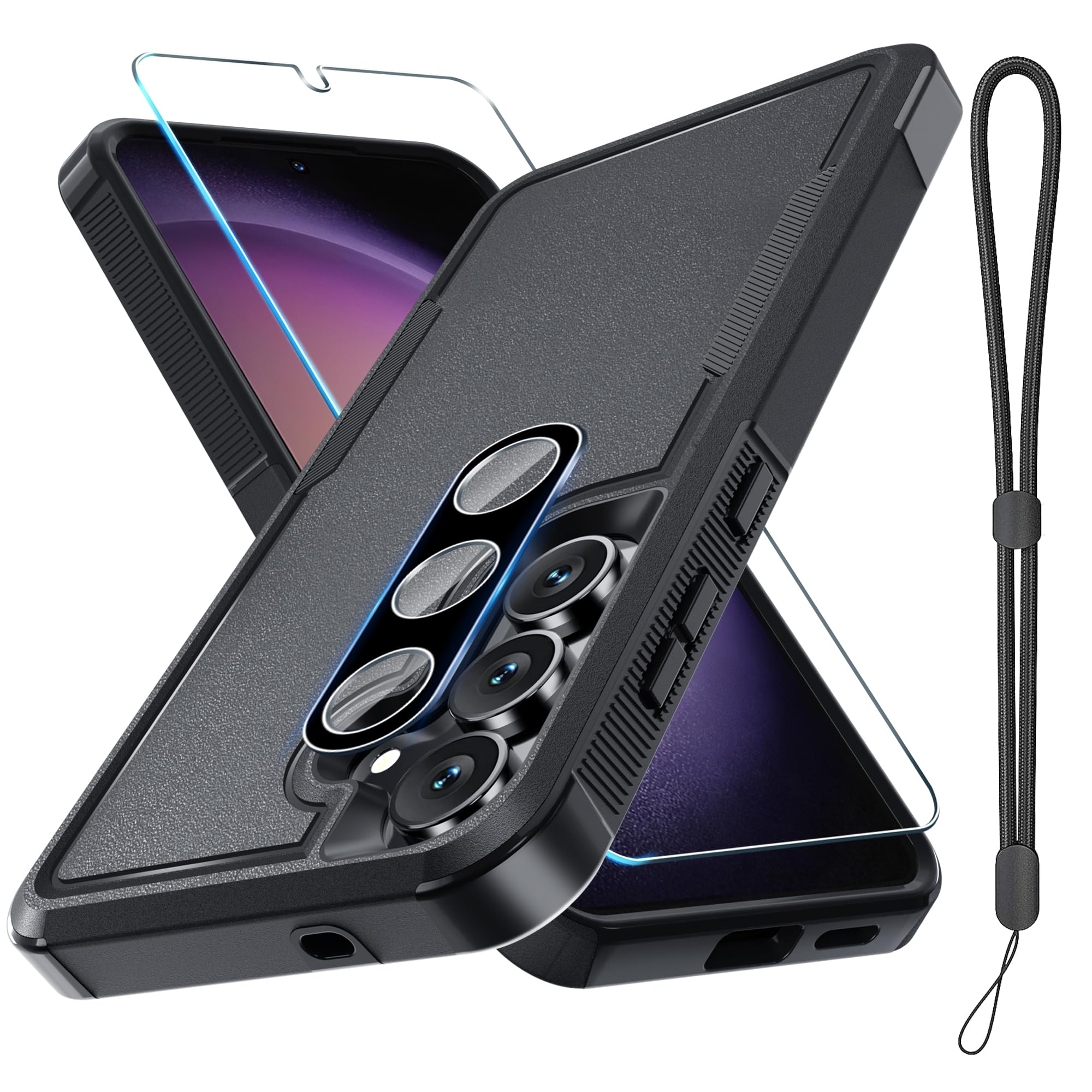 for Samsung Galaxy S25 FE Case with Screen Protector+Camera Lens Cover,Military Grade Heavy Duty Shockproof Phone Cover with Wrist Lanyard Strap for Samsung S25fe,Black Matte