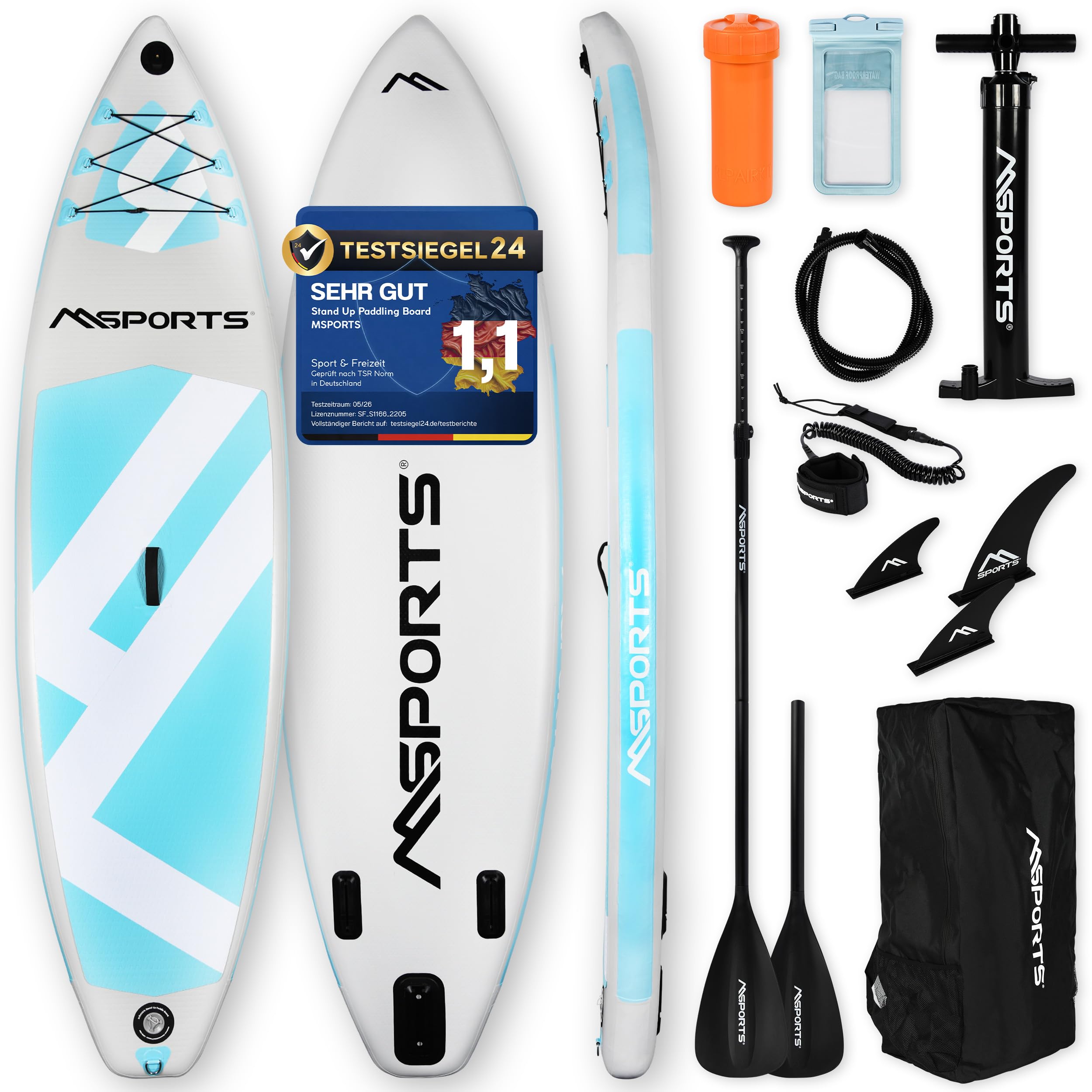 MSPORTS SUP - Stand Up Paddling Board - Aufblasbar Komplettes Paddleboard Zubehör Verstellbares Paddel, hochwertige Pumpe + 2X Paddelstock + wasserdichte Smartphone Tasche + Multifunktionstasche