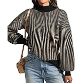 ATHMILE Womens Fashion Turtleneck Sweater Long Sleeve Plaid Ribbed Knit Loose Pullover Tops Trendy Office Outfits
