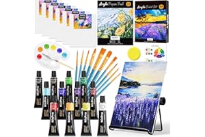 Nicpro Acrylic Paint Canvas Set for Adult & Fluid, 34PCS Art Painting Supplies Kit,12 Colors Acrylic Paint,Table Easel,6 Canv