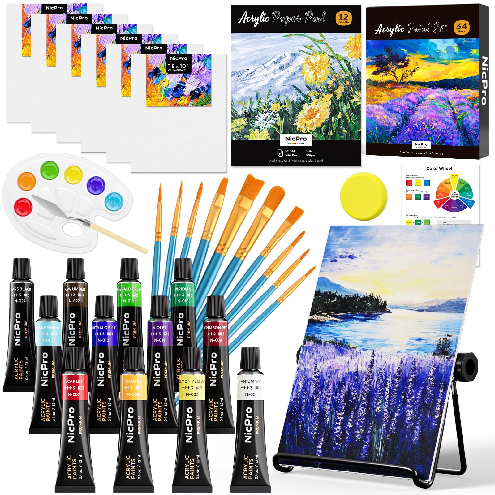 Photo 1 of Nicpro Acrylic Paint Canvas Set for Adult & Kid, 34PCS Art Painting Supplies Kit,12 Colors Acrylic Paint,Table Easel,6 Canvas Panels,10 Brushes,Paper Pad,Sponge,Color Wheel,Palette for Artist Beginner
