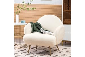 White Accent Sherpa Chair for Living Room Bedroom Reading Comfy Modern Armchair with Golden Metal Legs Mid-Century Sofa Chair