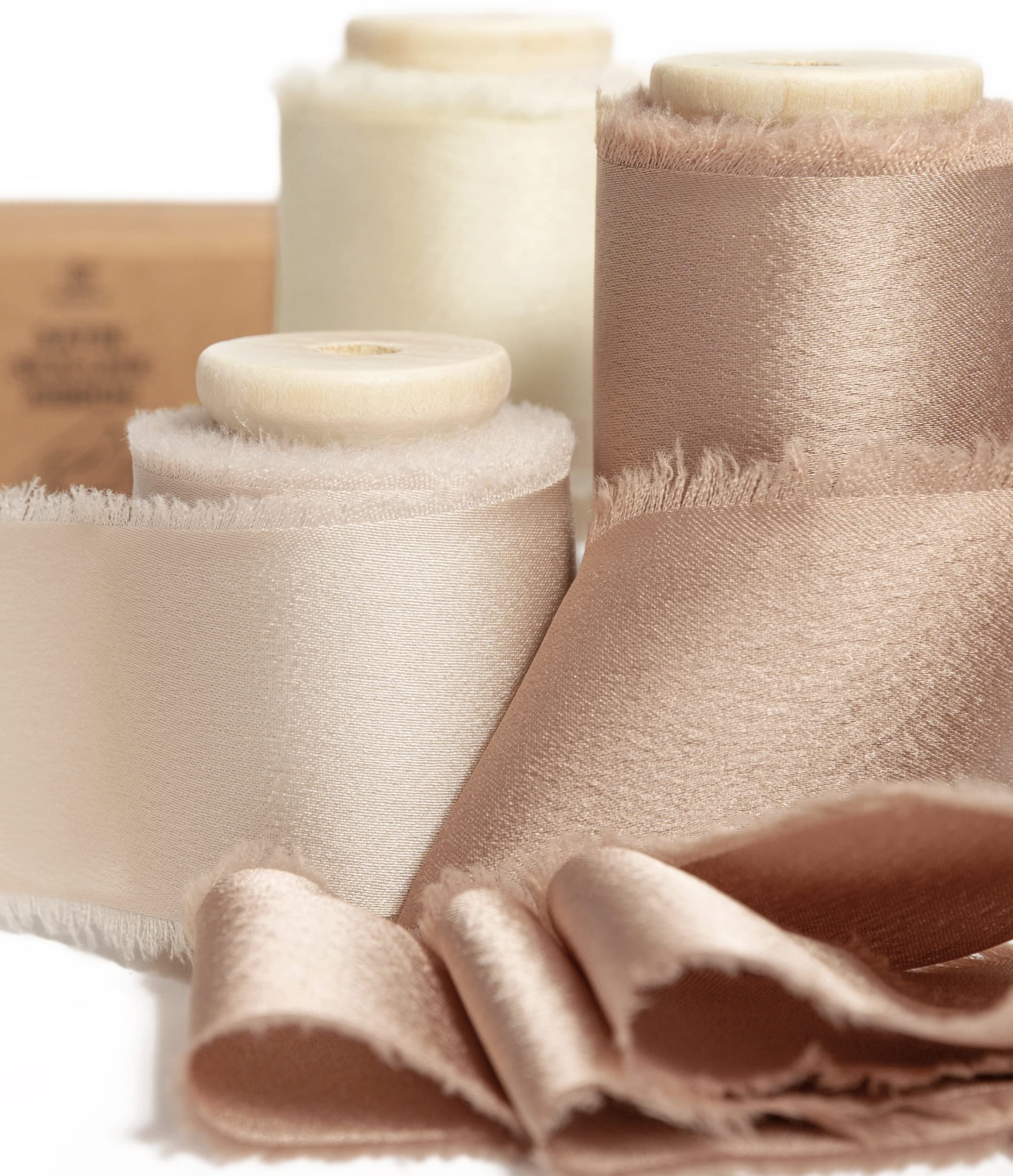 Vitalizart Silky Satin Ribbon Champagne & Nude, 1.5'' x 15 Yard with Wooden Spool, Handmade Fringe Chiffon Ribbons for Gift Wrapping, Decorations, DIY Crafts, Wedding Bridal Bouquets