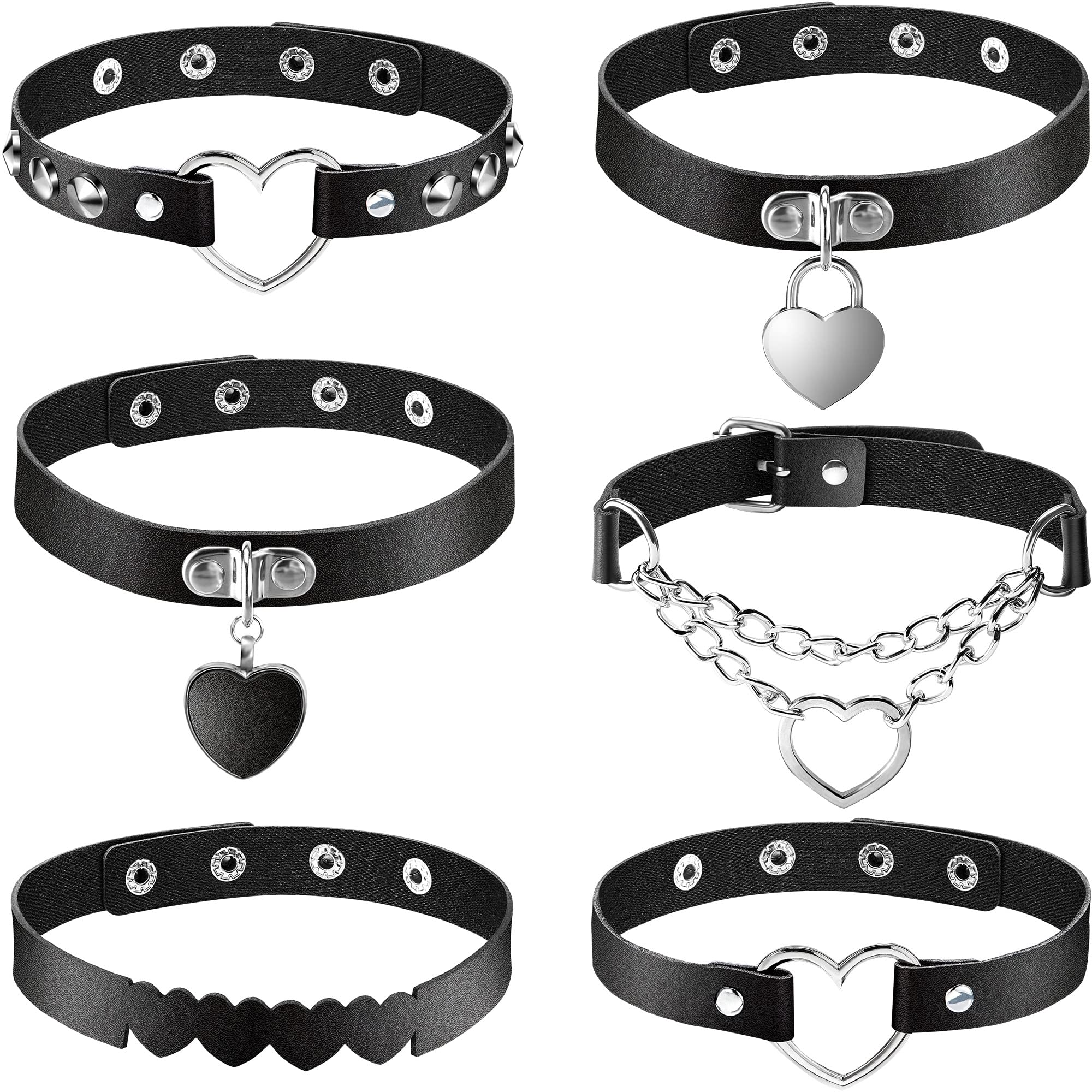 Hicarer 6 Pieces Heart Shaped Theme Leather Choker Punk Goth Choker Adjustable PU Leather Collar Set (Black)