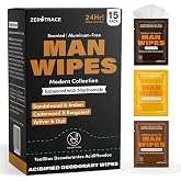 Zero Trace Travel Deodorant Wipes for Men &ndash; 15 Individually Wrapped Deodorizing Wipe with Sandalwood &amp; Amber, Cedarwood &amp; Bergamot, Vetiver &amp; Oud &ndash; Refreshing Underarm Body Wipes for Gym &amp; On-the-Go