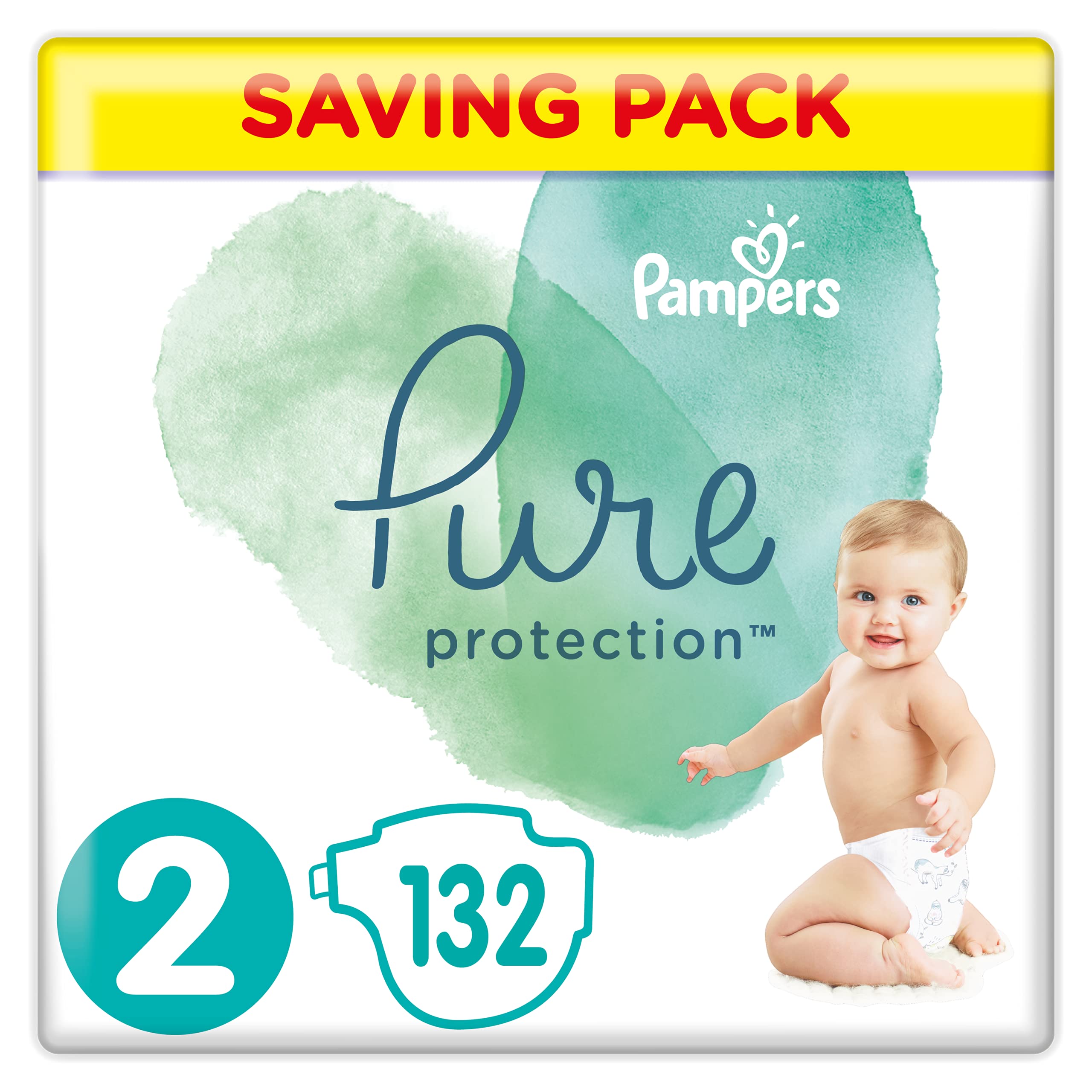 Pampers Baby Nappies Size 2 (4-8 kg / 9-18 lbs), Pure Protection (Harmonie), 132 Count, MONTHLY SAVINGS PACK, Baby Essentials For Newborn