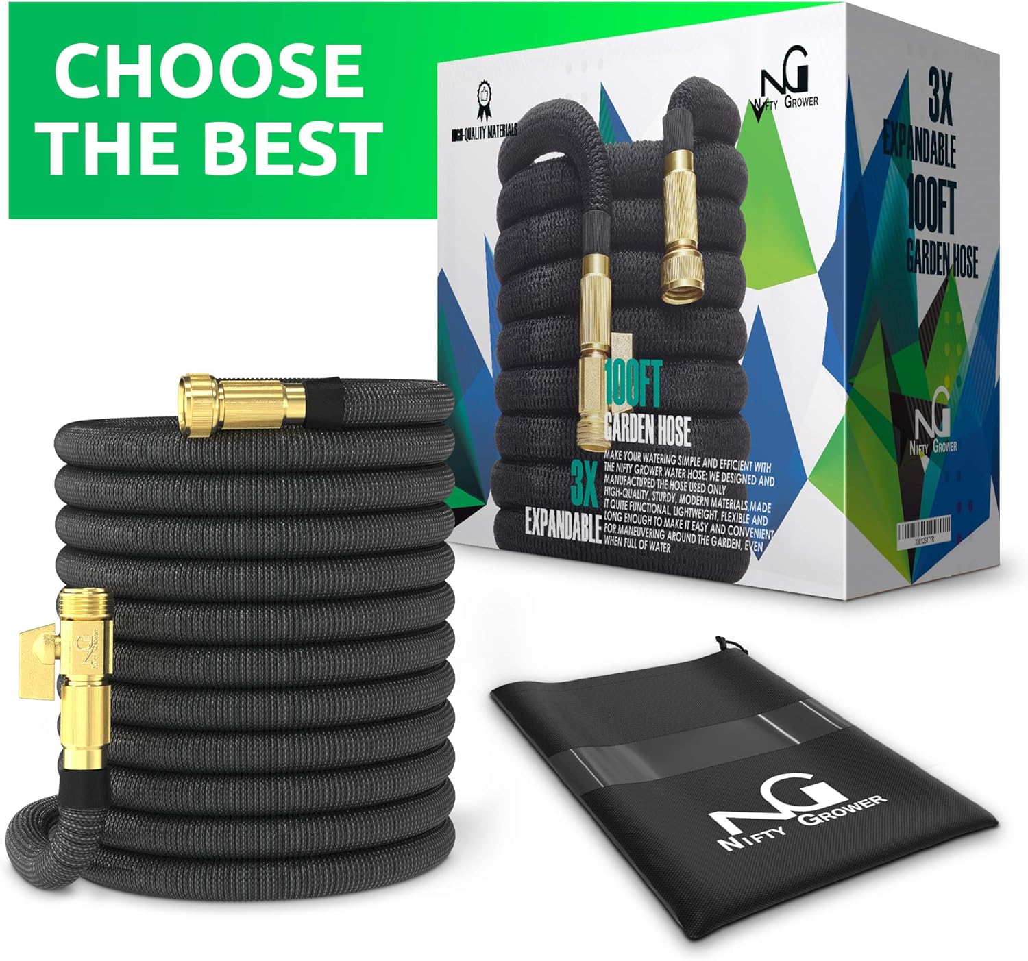 Nifty Grower 100ft Garden Hose - New Expandable Water Hose with Double Latex Core 3/4" Solid Brass Fittings Extra Strength Fabric - Flexible Expanding Hose with Storage Bag for Easy Carry: Home Improvement