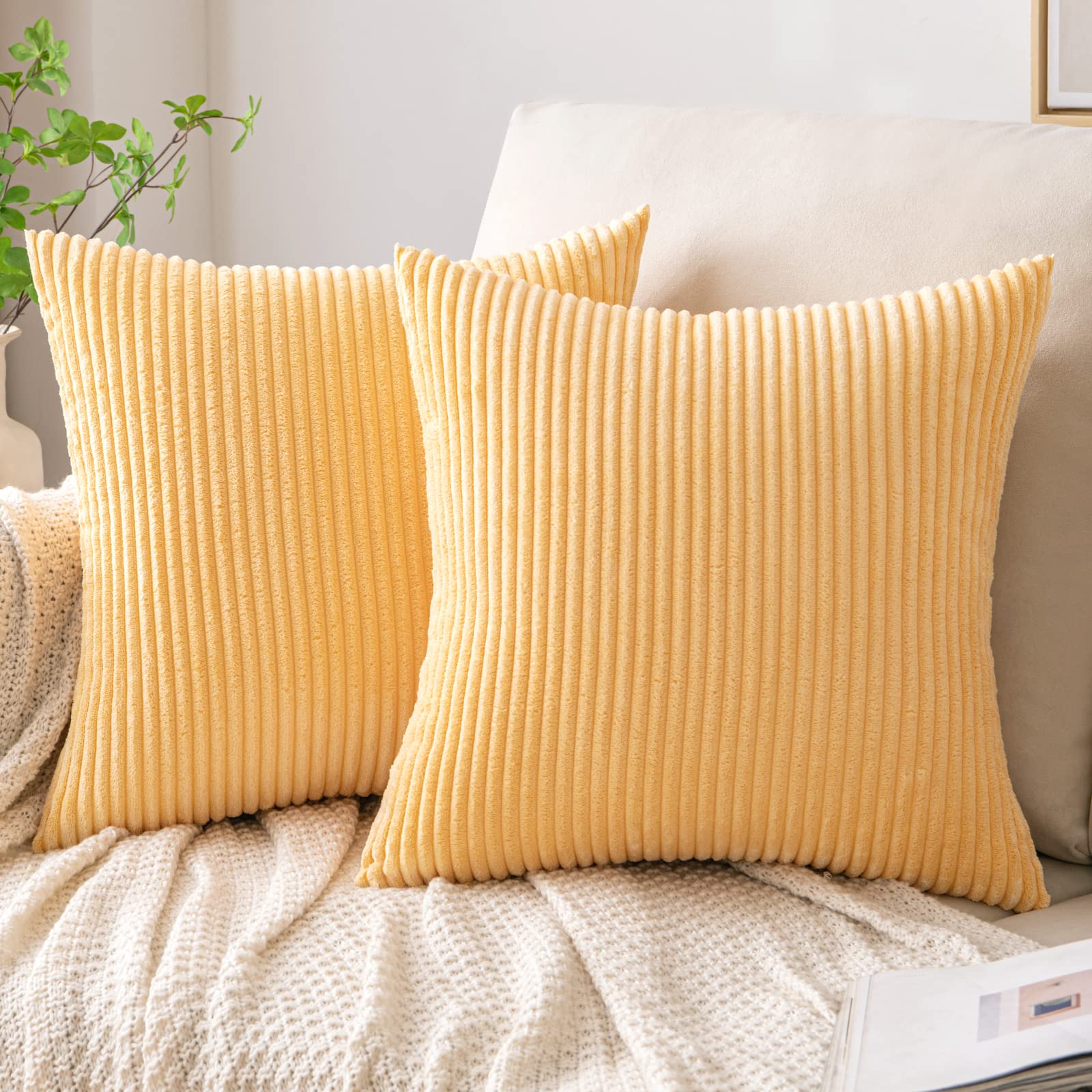 EMEMA Cushion Covers Corduroy Square Throw Pillow Covers Striped Soft Sham Home for Sofa Couch Bedroom Decorative Pillowcases 20x20 Inch 50x50cm Set of 2 Bright-yellow