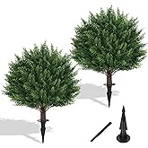Yangrass Artificial Set of 2 Cedar Topiary Ball Trees 23" for Outdoors with Ground Spike, UV Resistant Faux Cypress Plants, Evergreen Shrubs Bushes for Front Porch Garden Backyard Decor