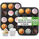 NutriChef Muffin Pans for Baking 2-Pack | Nonstick 12 Mold Cupcake Tins | Carbon Steel Stackable Cup Cake Trays | Dishwasher & Oven Safe | Includes 100 Parchment Paper Liners | 13 x 10 x 1 | Black
