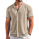 COOFANDY Men's Short Sleeve Knit Shirt Casual Button Down Shirt Vintage Striped Knitted Golf Beach Tops