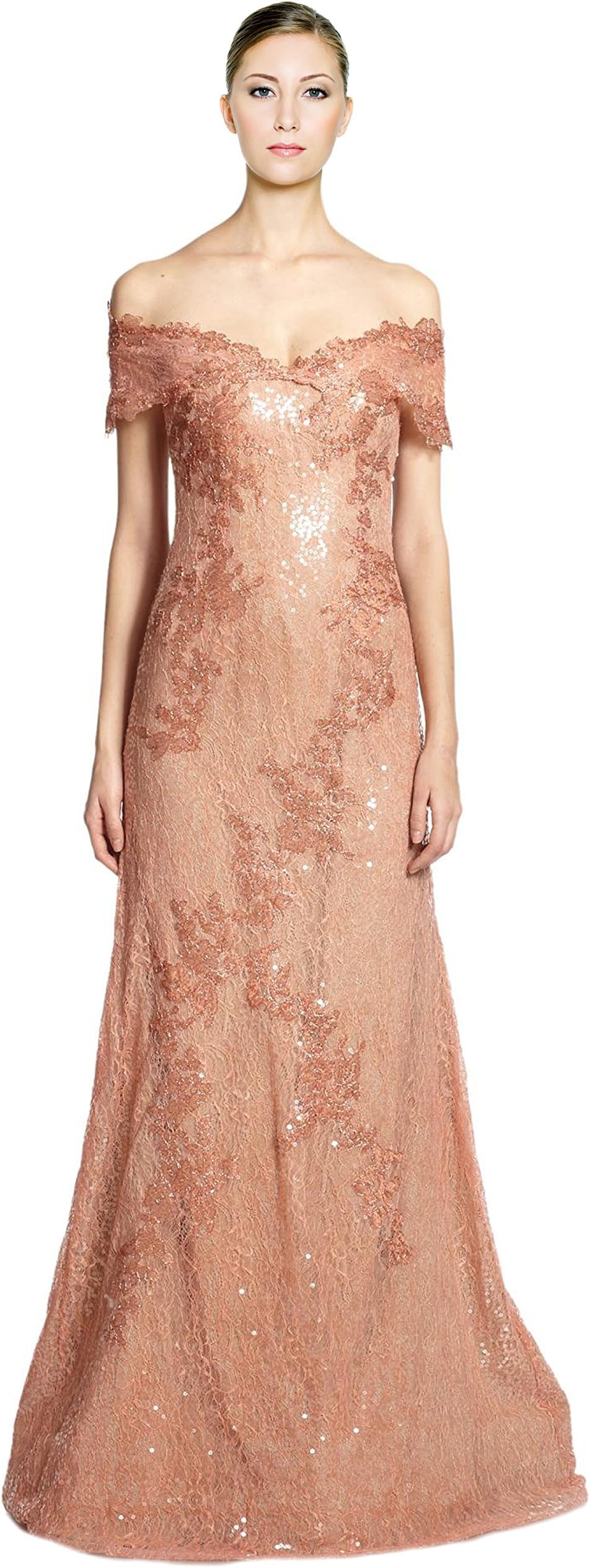 Rene Ruiz Lace Sequins Applique Off Shoulder Evening Gown Dress Apricot